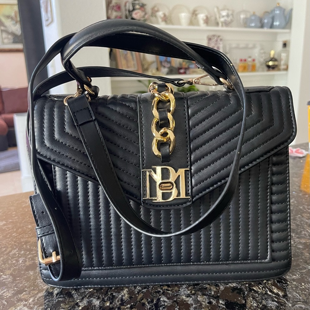 Badgley Mischka Black Quilted Satchel with Gold Chain Accent